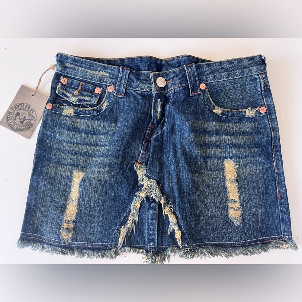 True Religion Rugged Distressed Frayed Denim Jean Mini Skirt size 29 Y2K 2006